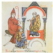 Henrike IV.a enperadorea, eskumikatua izan eta gero, Toscanako Matilderi eta aita santuari barkazioa eskatzen. Vatikanoko liburutegiko eskuizkribu bateko miniatura, XI. mendearen azkenaldekoa.<br><br>